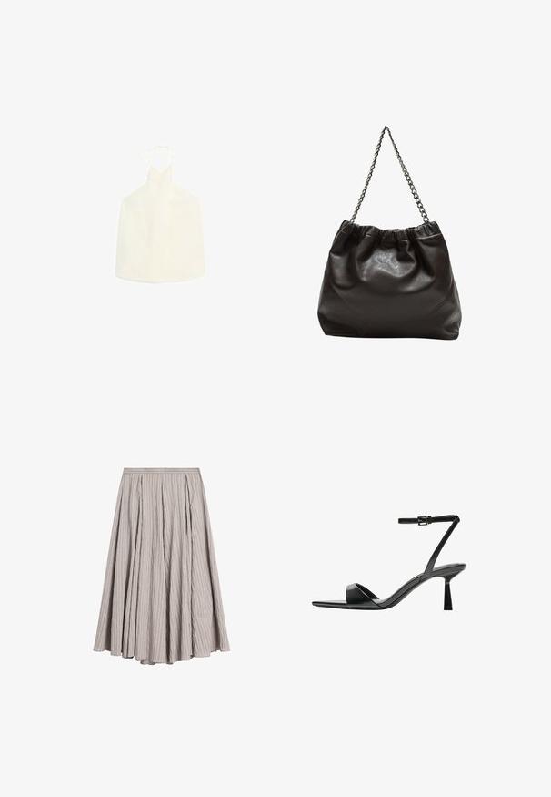 Top bianco a halter con scollatura a V, chiusura con laccio sul retro e tessuto morbido, leggermente strutturato, privo di decorazioni.; Gonna midi grigia chiara realizzata in tessuto testurizzato con pieghe verticali, caratterizzata da una vita aderente e una forma a A fluida.; Bershka Sandali con tacco - black; Borsa in pelle marrone con parte superiore arricciata e tracolla a catena. Texture liscia con finitura lucida e dettagli di cucitura sottili sui lati.