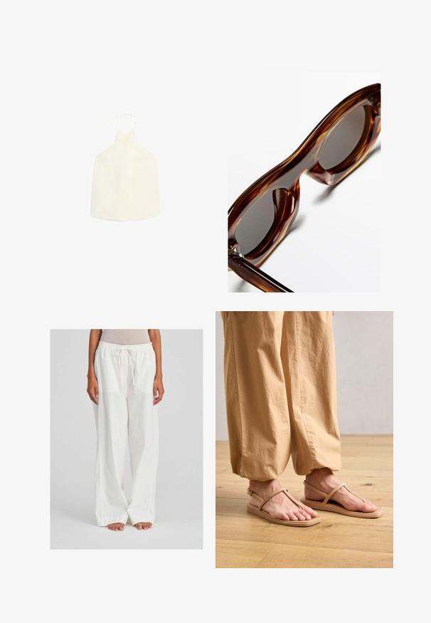 Witte haltertop met een V-vormige halslijn, striksluiting aan de achterkant en een gladde, iets gestructureerde stof zonder versieringen.; Witte, lichte, wijdvallende broeken met een elastische tailleband en een trekkoord. De stof lijkt glad en komt enigszins doorzichtig over.; Beige teensandalen met platte zolen, minimalistisch ontwerp en smalle banden, gecombineerd met losse, lichtgekleurde broeken op een houten vloer.; Bruine schildpad zonnebril met ronde montuur, donkere lenzen en een glanzende afwerking, met dikke, gebogen armen en minimale hardware.