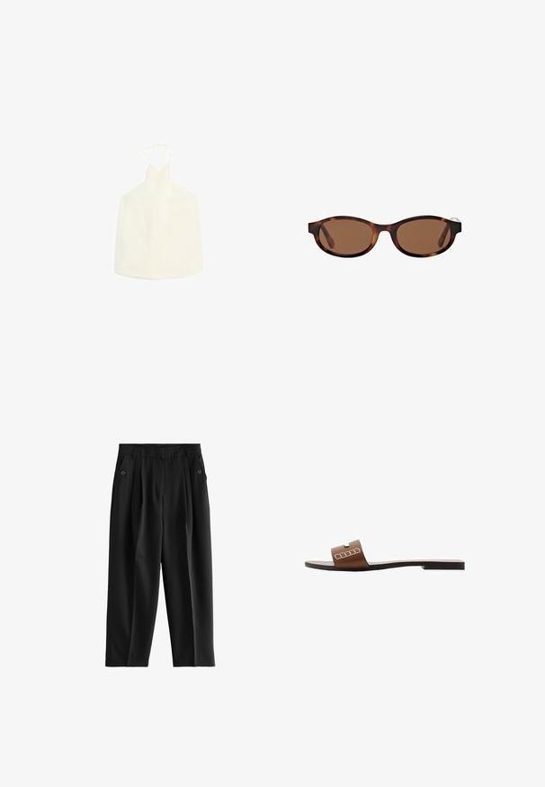 Witte haltertop met een V-vormige halslijn, striksluiting aan de achterkant en een gladde, iets gestructureerde stof zonder versieringen.; Zwarte broek met een wijde pijpontwerp, plooien aan de voorkant en twee zijzakken met knoopaccenten. Glad, lichtgewicht stof.; Bruine leren slip-on sandalen met een platte zool, voorzien van een brede band en witte geometrische accenten voor een minimalistisch ontwerp.; Bruine zonnebril met ovale montuur, voorzien van een schildpadpatroon en brede armen. Gladde textuur en subtiele brandingdetails aan de zijkant.; Geweven bruine handtas met een rechthoekige vorm, gestructureerd handvat en een textuurrijk oppervlak. Heeft een gesloten bovenkant en een ingewikkeld vlechtpatroon.
