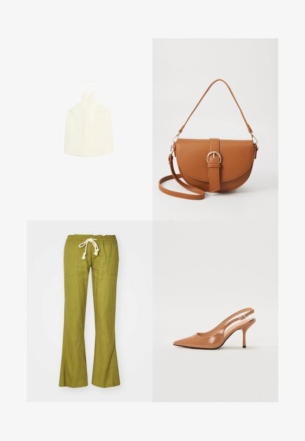 Witte haltertop met een V-vormige halslijn, striksluiting aan de achterkant en een gladde, iets gestructureerde stof zonder versieringen.; Groene linnen flarebroeken met een elastische tailleband en verstelbare trekkoorden. Voorzien van twee zijzakken en een gladde textuur.; Puntige slingback hak in een glad, glanzend beige materiaal. Bevat een gebogen uitsnijdontwerp en een slanke stiletto hak. Zilveren gesp detail.; Bruine leren schoudertas met een gebogen vorm, gouden hardware en een gespaccent. Bevat een afneembare schouderriem.