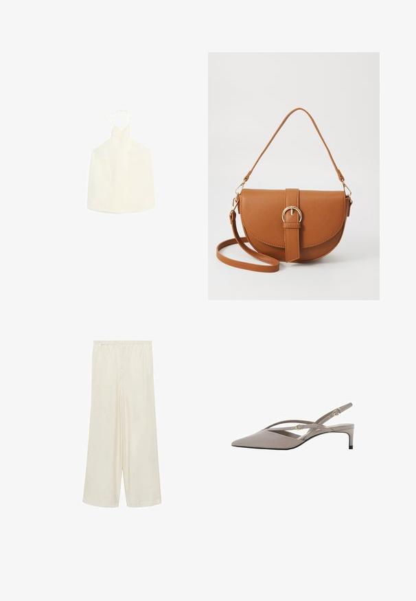 Weißes Halsbandoberteil mit V-förmigem Ausschnitt, Bindeschluss im Rücken und einem glatten, leicht strukturierten Stoff ohne Verzierungen.; Krämfarbene, weit geschnittene Hosen mit elastischem Bund und weichem, glattem Material. Sie verfügen über ein Falten-Design und eine lockere, fließende Form.; Beige Slingback-High Heels mit spitzem Zehenbereich, dünnen, gekreuzten Riemen und einem kurzen Stiletto-Absatz. Glattes Material mit goldfarbenen Hardware-Akzenten.; Braune Leder-Crossbody-Tasche mit geschwungener Form, goldfarbenen Beschlägen und einer Schnallenakzentuierung. Verfügt über einen abnehmbaren Schultergurt.