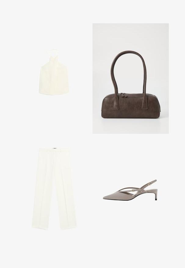 Weißes Halsbandoberteil mit V-förmigem Ausschnitt, Bindeschluss im Rücken und einem glatten, leicht strukturierten Stoff ohne Verzierungen.; Weißes, weites Bein-Hosenmodell aus glattem Stoff, mit zwei vorderen Taschen und einem flachen Vorderteil-Design. Klare Linien und keine sichtbaren Muster.; Beige Slingback-High Heels mit spitzem Zehenbereich, dünnen, gekreuzten Riemen und einem kurzen Stiletto-Absatz. Glattes Material mit goldfarbenen Hardware-Akzenten.; Braune Lederhandtasche mit zwei stabilen Griffen, rechteckiger Form, glatter Oberfläche und Reißverschluss. Minimalistisches Design ohne sichtbare Muster.