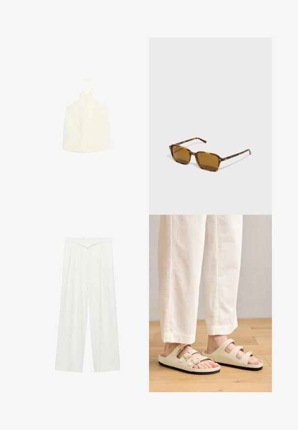 Top bianco a halter con scollatura a V, chiusura con laccio sul retro e tessuto morbido, leggermente strutturato, privo di decorazioni.; Pantaloni bianchi a gamba larga con vita alta, dotati di una cintura da annodare, texture morbida e pieghe frontali per una maggiore struttura. Design minimal.; Sandali beige chiari con tre cinturini regolabili con fibbie metalliche, una soletta imbottita e una suola in gomma nera.; Occhiali da sole tartarugati con montatura quadrata, lenti marroni e aste nere con accenti bianchi del logo.