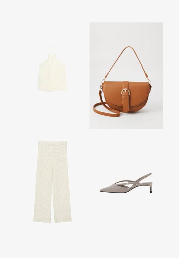 Haut halter blanc avec décolleté en V, fermeture à nouer au dos, et un tissu lisse légèrement texturé sans embellissements.; Pantalons larges de couleur crème en tissu texturé à motif en losanges. Ils possèdent une taille lisse et une coupe ample et aérée.; Talons aiguilles beiges à bride arrière avec un bout pointu, de fines sangles croisées et un talon aiguille court. Tissu lisse avec des accents en métal doré.; Sac bandoulière en cuir marron avec une forme incurvée, quincaillerie dorée et un accent en boucle. Comprend une bandoulière détachable.