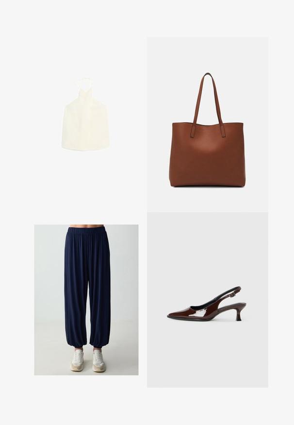 Haut halter blanc avec décolleté en V, fermeture à nouer au dos, et un tissu lisse légèrement texturé sans embellissements.; Pantalon élastique bleu marine avec une coupe loose et fuselée, élastiqué aux chevilles, porté avec des chaussures de sport blanches. Texture du tissu lisse.; Chaussure slingback en cuir verni marron avec un bout pointu et un talon modéré. Elle est dotée d'une sangle à boucle pour un ajustement sécuritaire. Texture lisse.; Sac fourre-tout en cuir marron avec une texture lisse, design à ouverture supérieure et deux poignées pour le porter à l'épaule. Présente des coutures minimales et aucun matériel visible.