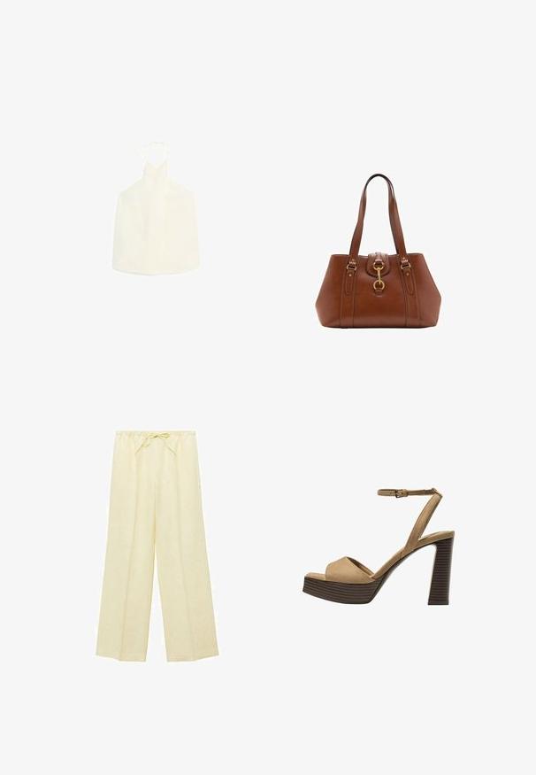 Top bianco a halter con scollatura a V, chiusura con laccio sul retro e tessuto morbido, leggermente strutturato, privo di decorazioni.; Mango ALADA - Pantaloni - light yellow; Sandali con tacco alto in suede beige, con una larga fascetta anteriore e una fascetta alla caviglia, dotati di un tacco blocco in legno spesso con una finitura testurizzata.; Borsa a tracolla in pelle marrone con doppie cinghie, forma arrotondata, accessori in oro e un dettaglio con fibbia centrale. Texture liscia con rifiniture cucite.