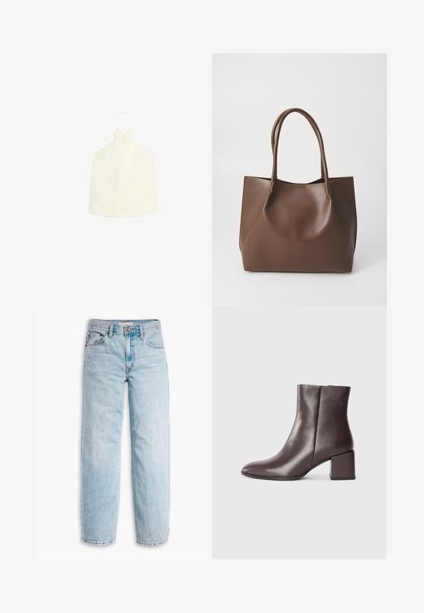 Witte haltertop met een V-vormige halslijn, striksluiting aan de achterkant en een gladde, iets gestructureerde stof zonder versieringen.; Levi's® BAGGY DAD - Relaxed fit jeans - fan flare; Bruine leren enkelboot met een elegant ontwerp, spitse neus en vierkante blokhak. Gladde textuur en minimalistische silhouet.; Bruine leren tote bag met twee lange handvatten, gestructureerde vorm, gladde textuur en minimalistisch design. Geen zichtbare hardware of accenten.