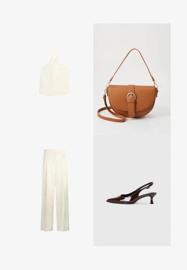 Haut halter blanc avec décolleté en V, fermeture à nouer au dos, et un tissu lisse légèrement texturé sans embellissements.; Pantalons larges de couleur blanc cassé, fabriqués à partir d'un tissu doux avec une finition texturée. Présentent des plis à l'avant et un petit détail en métal avec un logo.; Chaussure slingback en cuir verni marron avec un bout pointu et un talon modéré. Elle est dotée d'une sangle à boucle pour un ajustement sécuritaire. Texture lisse.; Sac bandoulière en cuir marron avec une forme incurvée, quincaillerie dorée et un accent en boucle. Comprend une bandoulière détachable.