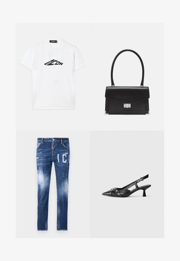 White cotton t-shirt featuring a black logo print on the front. Classic crew neckline and short sleeves with a relaxed fit.; Denim jeans in deep blue with distressed detailing, splatter effects, and large white lettering. Features classic five-pocket design.; Black leather slingback shoe with a pointed toe, decorative straps featuring metal eyelets, and a low block heel. Textured surface.; Black leather handbag with a structured design, a top handle, and a silver clasp. Features corner accents and smooth texture.