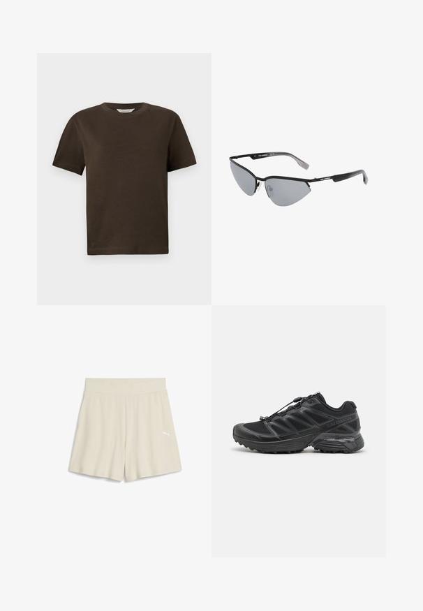 Sötétbarna pamut póló kerek nyakkivágással, rövid ujjakkal és laza fazonnal. Egyszerű dizájn, látható minták vagy kiegészítők nélkül.; Beige csíkos sportnadrág széles derékpánttal és kis fehér logóval az elülső bal oldalon, laza fazonnal.; Fekete futócipő hálós és szintetikus felsőrésszel, rugalmas talppal és elasztikus fűzőkkel. Párnázott középtalppal rendelkezik a kényelem érdekében.; Fekete napszemüveg éles, macska-szem kialakítással. Ezüst tükörlencsék. Karcsú, könnyű műanyag keret, diszkrét logóval a szárakon.; Arany gömb alakú fülbevalók fényes felülettel és kis tűvel. Simaság jellemzi őket, tükröződő felületük van.