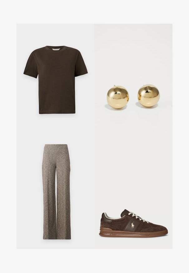 Dark brown cotton t-shirt with a round neckline, short sleeves, and a relaxed fit. Simple design with no visible patterns or accents.; Wide-leg trousers in a textured brown fabric featuring a subtle herringbone pattern. Elastic waistband for comfort, straight-leg design.; Brown suede sneakers with textured panels, white laces, and a gold logo. Features a rubber sole and a cushioned collar for comfort.; Gold spherical stud earrings with a polished finish and small post. Feature a smooth texture and reflective surface.
