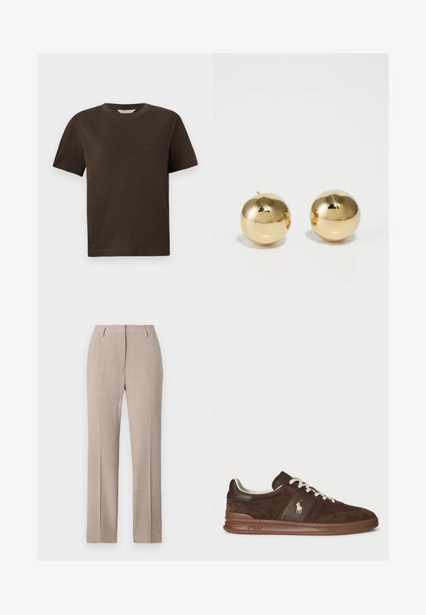 Temno rjava bombažna majica s krožno izrezanim vratom, kratkimi rokavi in sproščenim krojem. Preprost dizajn brez vidnih vzorcev ali dodatkov.; Bežna krojena hlače s ravnim krojem, izdelane iz teksturirane tkanine. Imajo ravno sprednjo stran in stranske žepke. Brez vidnih okrasnih elementov.; Rjavi semiš športni copati z teksturiranimi paneli, belimi vezalkami in zlatim logotipom. Imajo gumijast podplat in oblazinjen ovratnik za udobje.; Zlati okrogli uhani s poliranim zaključkom in majhnim držalom. Imajo gladko teksturo in odsevno površino.
