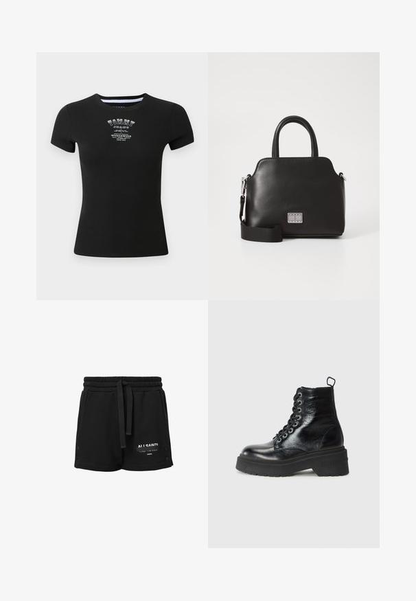 Czarna, prążkowana koszulka z krótkim rękawem, z białym logo "TOMMY JEANS" oraz tekstem w stylu postarzonym na klatce piersiowej.; Czarne bawełniane szorty z elastycznym pasem, sznurkiem do regulacji, białym logo oraz zatrzaskami po bokach. Gładka tekstura, casualowy design.; Czarne botki do kostek z błyszczącym wykończeniem, z masywną platformą i sznurowanym wzorem, wyraźnie eksponujące markę "TOMMY."; Czarna syntetyczna torebka z uchwytami u góry, odpinanym paskiem na ramię, zaokrąglonym kształtem, gładką teksturą i srebrnym logo na przodzie.