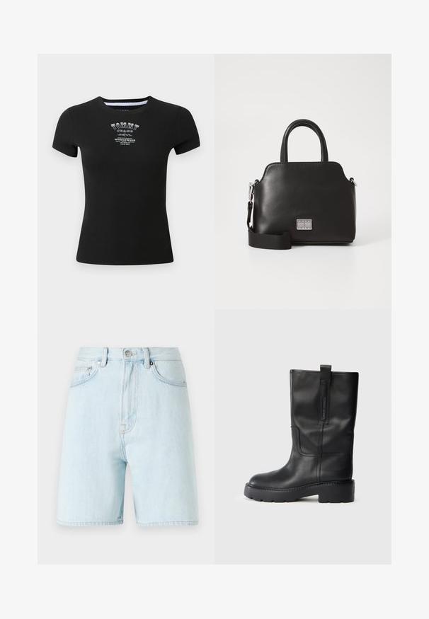 Svart ribbet t-skjorte med korte ermer, som har hvit "TOMMY JEANS" logo og tekst i en slitt stil over brystet.; Lys blå denimshorts med høy midje, fem lommer og messingknapplukking. Har diskret søm og rå kant.; Sorte skinn kne-høye støvler med et elegant design, med tykk såle og et sidehank for enkel påkledning. Merket med synlige sømdetaljer.; Svart syntetisk håndveske med topphåndtak, avtakbar skulderstropp, rund form, glatt tekstur og sølvfarget logo aksent på forsiden.