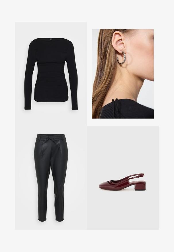 Zwarte langemouwen top van rekbare stof, met een bootlijn en plooidetails aan de zijkanten voor een aansluitende look.; Zwarte, neplederen broek met een elastische tailleband, plooien aan de voorkant en een trekkoordsluiting. Tapered fit met een gladde textuur.; Bordeaux gepatineerd leren slingback schoen met een vierkante neus, kleine blokhak en een decoratieve strikdetail op de voorband.; Zilveren oorbel met een gepolijste afwerking, met kleine gouden accentdetails en een ronde vorm, gedragen op de oorlel.