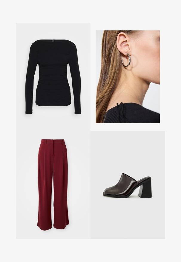 Black long-sleeve top made from stretchy fabric, featuring a boat neckline and gathered detailing along the sides for a fitted look.; Maroon wide-leg trousers with pleats, crafted from smooth fabric. Features a flat waistband and no visible pockets.; Dark burgundy leather mules with a square toe, glossy finish, and a chunky, textured black high heel. Simple design, slip-on style.; Silver hoop earring with a polished finish, featuring small gold accent details and a round shape, worn on the lobe.