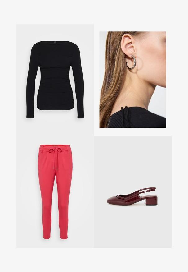 Must have pikkade varrukatega must top, mis on valmistatud elastsetest materjalidest, paadi kaelusega ja külgedel on kogumise detailid, et luua keha järgi istuv välimus.; ONLY Petite ONLPOPTRASH LIFE EASY - Püksid - viva magenta; Burgundia läikiv nahk slingback king, millel on ruudukujuline varvas, väike blokk-kreen ja dekoratiivne pael esi-rihmal.; Hõbedane rõngas kõrvarõngas poleeritud viimistlusega, millel on väikesed kuldsed aktsendid ja ümmargune kuju, kantud lobus.