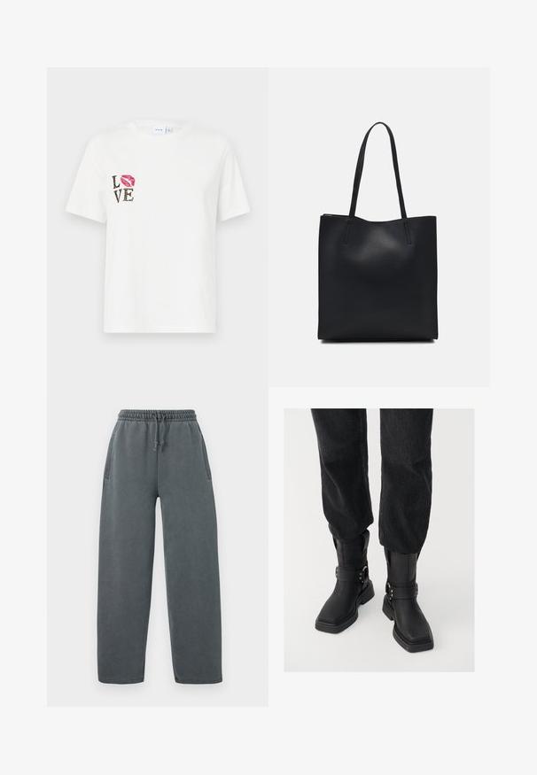 Fehér pamut póló rövid ujjakkal. A bal oldalon fekete "LOVE" felirattal, állatmintával és egy piros ajakmintával rendelkezik.; Szürke melegítőnadrág, húzózsinórral ellátott rugalmas derékrésszel, oldalsó zsebekkel és laza szabással. Puha, textúrált anyagból készült.; Fekete bőr bokacsizmák négyzet alakú orral, széles pánttal és fém csattal. A csizmák vastag talppal és sima felülettel rendelkeznek.; Fekete bőrtáska sima felszínnel, téglalap alakú, két hosszú füllel. Nincs látható fémkiegészítő vagy díszítés.