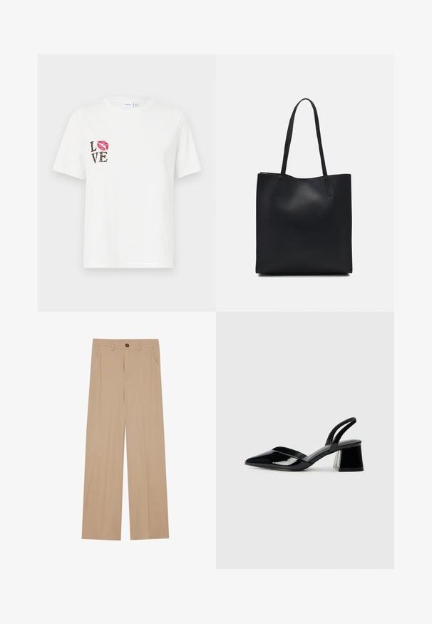 Biela bavlnená tričko s krátkymi rukávmi. Obsahuje text "LOVE" v čiernej farbe a zvieracím vzorom, a červenú odtlačok pier na ľavej strane.; Béžové nohavice so širokými nohavicami a hladkou textúrou, s dvoma bočnými vreckami, predným zapínaním na gombík a jemnými záhybmi pre dodatočný detail.; Čierne lakované kožené sandálové podpätky s špicatou špičkou a geometrickým blokovým podpätkom. Disponujú elegantným, minimalistickým dizajnom a hladkým povrchom.; Čierna kožená taška na rameno s hladkým povrchom, obdĺžnikovým tvarom a dvoma dlhými uchami. Bez viditeľného kovania alebo ozdôb.