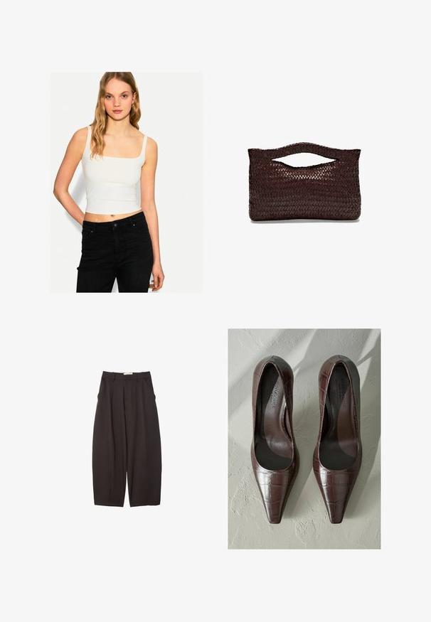 Vit figurnära crop top med fyrkantig halsringning och smala axelband, bärs tillsammans med högmidjade svarta jeans. Slätt, elastiskt tyg.; Svarta vida byxor i ett mjukt tyg, med hög midja, framfickor och sidofickor. Enkel design utan utsmyckningar.; Bruna lackskinnsskor med hög klack och spetsig tå, prydda med krokodiltextur och med en slät insida. Designade för att ge ett elegant utseende.; Vävd brun läderhandväska med ett runt handtag på toppen och en öppen silhuett, med en texturerad yta och en snygg, minimalistisk design.