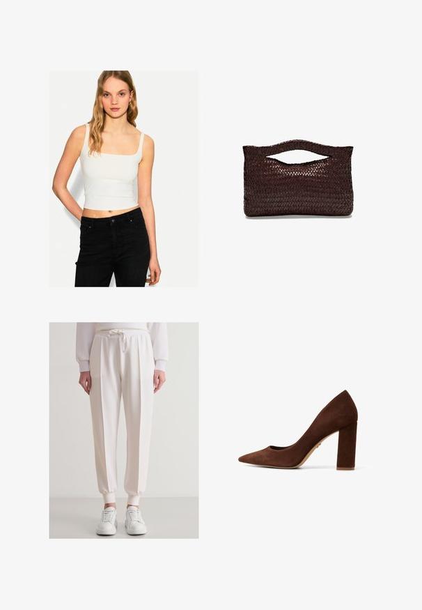 Weißes, eng anliegendes Cropped-Top mit quadratischem Ausschnitt und schmalen Trägern, getragen zu hochgeschnittenen schwarzen Jeans. Glattes, dehnbares Material.; Weiße Sweatpants mit entspannter Passform, ausgestattet mit einem Kordelzugbund, gerippten Bündchen und vorderen Falten. Kombiniert mit weißen Sneakers.; Braune Wildleder-Pumps mit spitzer Zehe und breitem Blockabsatz. Glatte Oberfläche und minimalistisches Design. Keine sichtbaren Beschläge oder Muster.; Braune geflochtene Lederhandtasche mit einem abgerundeten Obergriff und einer offenen Silhouette, die eine strukturierte Oberfläche und ein schlankes, minimalistisches Design aufweist.