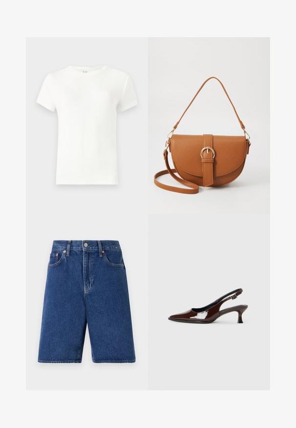 Valkoinen lyhythihainen t-paita ribborakenteesta, jossa on klassinen pyöreä kaula-aukko ja yksinkertainen, slim-fittaus. Ei kuvioita tai koristeluja.; Tummansiniset farkkushortsit, joissa on klassinen leikkaus, viisi taskua ja oranssi ompelu. Varustettu edessä napilla ja vetskalla.; Ruske patentin nahkalijatke sa špicastim nosom i umjerenom petom. Sadrže remen s kopčom za sigurno pristajanje. Glatka tekstura.; Ruskean nahkainen olkalaukku, jossa on kaareva muoto, kultaiset yksityiskohdat ja solkiyksityiskohta. Varustettu irrotettavalla olkahihnalla.