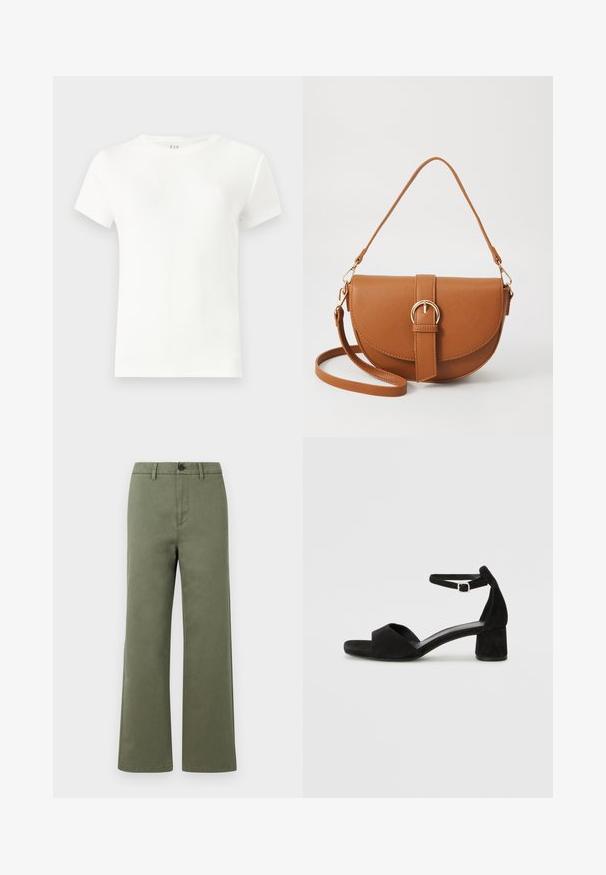 Biała koszulka z krótkim rękawem uszyta z prążkowanej tkaniny, z klasycznym okrągłym dekoltem i prostym, dopasowanym krojem. Bez wzorów ani akcentów.; Zielone oliwkowe spodnie o prostym kroju z szlufkami na pasek, z zapięciem na guziki i zamkiem błyskawicznym z przodu na białym tle.; Czarne zamszowe sandały na obcasie z cienkim paskiem wokół kostki, otwartym noskiem i skromnym słupkowym obcasem. Gładka faktura i minimalne akcenty.; Brązowa skórzana torba na ramię o zaokrąglonym kształcie, ze złotymi akcentami i zapięciem w formie klamry. Posiada odpinany pasek na ramię.