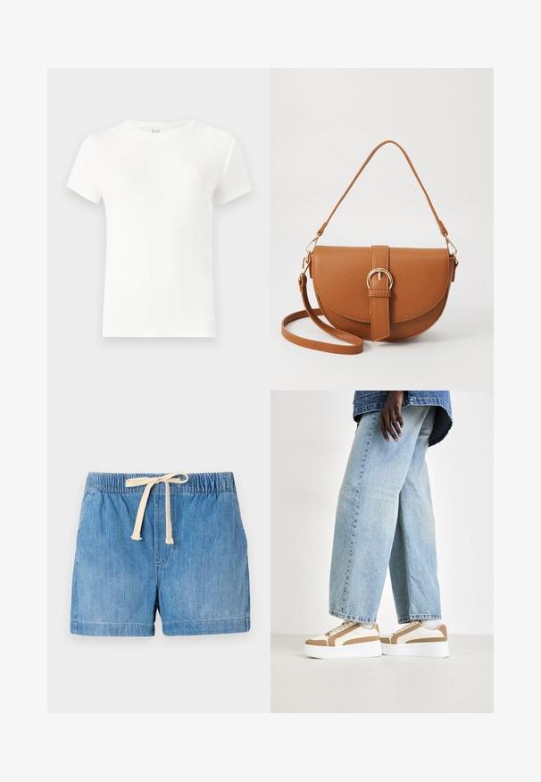 Bílý krátký rukáv tričko vyrobené z žebrované tkaniny, s klasickým kulatým výstřihem a jednoduchým, přiléhavým stylem. Bez vzorů nebo akcentů.; Džínové šortky ve světle modré barvě s elastickým pasem, nastavovacím béžovým šňůrkou a hladkým povrchem, s ohrnutými lemy.; Platformová sneakers s bílou podrážkou, béžovými akcenty a kombinací textur látky, doplněné o volně střižené světle modré džíny.; Hnědá kožená křížová taška s zakřiveným tvarem, zlatými detaily a akcentem s přezkou. Obsahuje odnímatelný popruh na rameno.