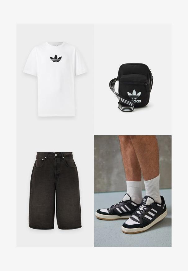 Balta kokvilnas T-kreklu ar melnu Adidas logo centrā. Īsas piedurknes un apaļas kakla izgriezums. Gluda tekstūra.; Melna džinsu šorti ar taisnu piegriezumu, piedāvājot priekšējās kabatas, rāvējslēdzēju un teksturētu audumu ar smalkiem krokām. Sudraba piederumu akcenti.; Melnas un baltas kedas ar zamša un ādas augšdaļu, kas aprīkotas ar trim baltām svītrām, perforētu purngali un gumijas zolēm.; Melna auduma crossbody soma ar rāvējslēdzēja aizdari, kurai ir balts Adidas logo un svītrainas regulējamas siksnas ērtiem pārvietošanās veidiem.