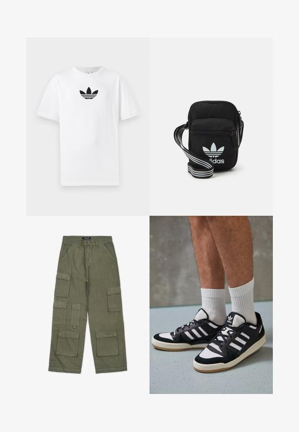 Λευκή βαμβακερή μπλούζα T-shirt με μαύρο λογότυπο Adidas στο κέντρο. Βραχίονας κοντός και σχέδιο με στρογγυλή λαιμόκοψη. Μαλακή υφή.; Ελαιόχρωμο cargo παντελόνι από μαλακό ύφασμα με πολλά τσέπες, ίσια γραμμή και ραφές. Λογότυπο της μάρκας στη μέση.; Μαύρα και λευκά αθλητικά παπούτσια με άνω μέρος από σουέτ και δέρμα, featuring τρεις λευκές ρίγες, περατά δάχτυλα και σόλα από καουτσούκ τύπου γκαστ. ; Μαύρη τσάντα ώμου με φερμουάρ, που διαθέτει το λευκό λογότυπο της Adidas και ρυθμιζόμενη ριγέ θηλιά για εύκολη μεταφορά.