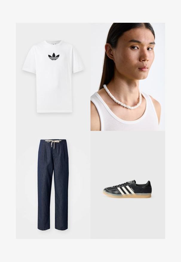 Bela bombažna majica s črnim logojem Adidas na sredini. Kratki rokavi in oblikovanje z okrog lim. Gladka tekstura.; Denim hlače v temno modri barvi z udobnim krojem, z vrvico v pasu in gladko teksturo. Ravna nogavica z nagubanim detajlom.; Črne športne copate z belimi črtami, teksturirana tkanina, gladek usnjen nos in gumijast podplat. Vsebuje logo na jeziku.; Bela ogrlica iz školjki, sastavljena od nepravilnih oblika, nošena preko pripijenog bijelog topa. S smooth teksturom i suptilnim sjajem, blisko prilagođenog dizajna.