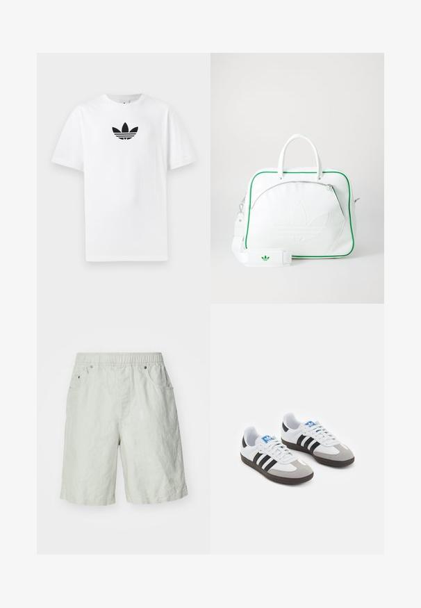 Fehér pamut póló, középen fekete Adidas logóval. Rövid ujjú és kerek nyakú kialakítással. Sima textúra.; Világosszürke rövidnadrág, strukturált anyagból készült, rugalmas derékpánttal, két oldalsó zsebbel és laza szabással.; Fehér bőr felsőrészes sportcipő, szürke velúrból készült orral és három fekete csíkkal. Jellemzője a kék logó a nyelvén és egy texturált gumitalp.; Fehér bőr táska zöld díszítéssel, kiemelkedő domborított logóval, dupla füllel, levehető pánttal és cipzáras elülső zsebbel.