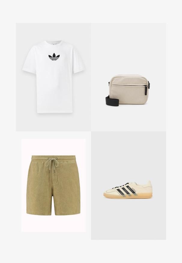 T-shirt bianco in cotone con logo Adidas nero al centro. Maniche corte e design con girocollo. Texture liscia.; Pantaloni corti in morbido tessuto verde oliva. Presentano una vita con cordino e punte in metallo, tasche laterali e una vestibilità comoda.; Sneaker di colore crema chiaro con design a tre strisce nere, tomaia testurizzata, punta rotonda e suola in gomma. Presenta lacci e branding sul lato.; Borsa a tracolla in corduroy color crema con cerniera nera, tracolla rimovibile e motivo testurizzato. Presenta un compartimento principale e una tasca anteriore.