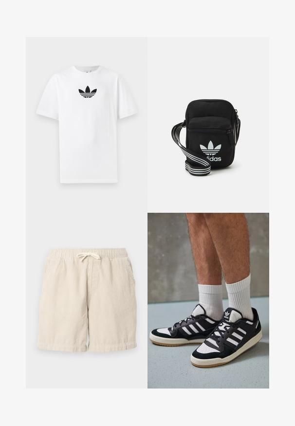 Balta kokvilnas T-kreklu ar melnu Adidas logo centrā. Īsas piedurknes un apaļas kakla izgriezums. Gluda tekstūra.; Beige korduroja šorti ar elastīgu jostasvītru un auklu, ar sānu kabatām un teksturētu, ribotu rakstu.; Melnas un baltas kedas ar zamša un ādas augšdaļu, kas aprīkotas ar trim baltām svītrām, perforētu purngali un gumijas zolēm.; Melna auduma crossbody soma ar rāvējslēdzēja aizdari, kurai ir balts Adidas logo un svītrainas regulējamas siksnas ērtiem pārvietošanās veidiem.