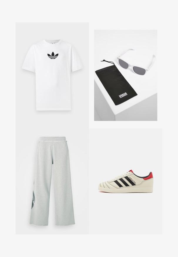 Weißes Baumwoll-T-Shirt mit einem schwarzen Adidas-Logo in der Mitte. Kurze Ärmel und Rundhalsausschnitt. Glatte Textur.; Hellgraue weit geschnittene Sweatpants aus weichem Baumwollmix, mit seitlichen Taschen und einer dekorativen schwarzen Grafik am linken Bein.; Cremfarbene Leder-Sneaker mit schwarzen Streifen, roten Akzenten an der Ferse und strukturierten Details. Ausgestattet mit einer Gummisohle und Schnürverschluss.; Weiße Plastiksunglasses mit grauen Gläsern neben einem schwarzen Stoffbeutel mit einem weißen "URBAN CLASSICS"-Logo in fetter Schrift.