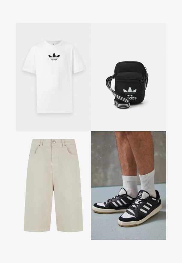 Balta kokvilnas T-kreklu ar melnu Adidas logo centrā. Īsas piedurknes un apaļas kakla izgriezums. Gluda tekstūra.; Beige džinsu šorti ar taisnu griezumu, priekšējo pogu aizdari un četriem kabatām. Audumam ir gluda tekstūra un minimālas šuvju detaļas.; Melnas un baltas kedas ar zamša un ādas augšdaļu, kas aprīkotas ar trim baltām svītrām, perforētu purngali un gumijas zolēm.; Melna auduma crossbody soma ar rāvējslēdzēja aizdari, kurai ir balts Adidas logo un svītrainas regulējamas siksnas ērtiem pārvietošanās veidiem.