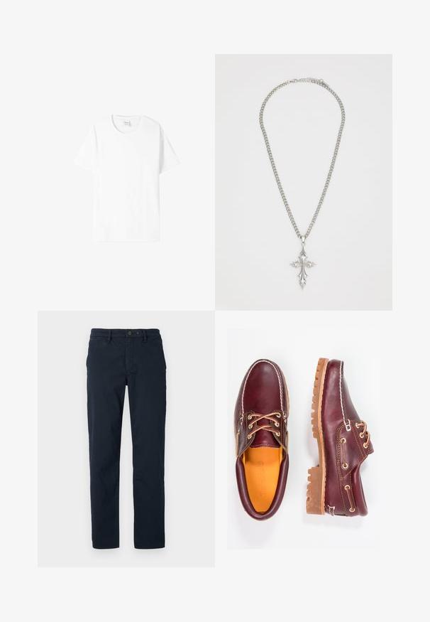 Vit bomull T-shirt med korta ärmar, rundad halsringning och avslappnad passform. Slät textur, inga mönster eller grafik, minimal varumärkning på etiketten.; Marina blå bomullchinos med rak bendesign, featuring en knappstängning, bältesöglor och sidofickor. Minimal textur, inga mönster.; Burgundy läderskor med bruna gummisulor, rund tå, vit söm och gyllene öljetter. Inredningen har en gul foder.; Silver kedja halsband med ett stort, utsmyckat korshänge med skarpa accenter och en polerad finish. Kedjan är tjock och platt.
