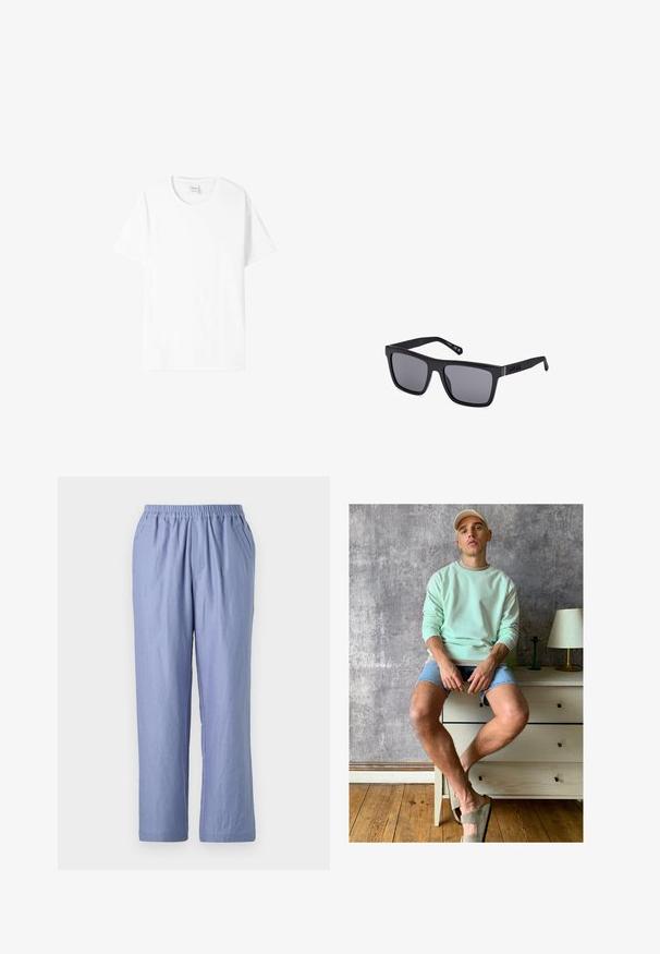 Bílá bavlněná tričko s krátkým rukávem, kulatým výstřihem a volným střihem. Hladká textura, bez vzorů nebo grafik, minimální značení na štítku.; Světle modré, volné kalhoty s elastickým pasem, dvěma bočními kapsami a rovnými nohavicemi. Vyrobené z měkké tkaniny s hladkým povrchem.; Mátově zelená mikina, džíny šortky a olivově zelené slip-on boty. Sedící na světlé komodě proti texturované šedé zdi.; Černé obdélníkové sluneční brýle s tmavými čočkami, matným povrchem a detaily loga na stranici. Design má rovné hrany a silné rámy.