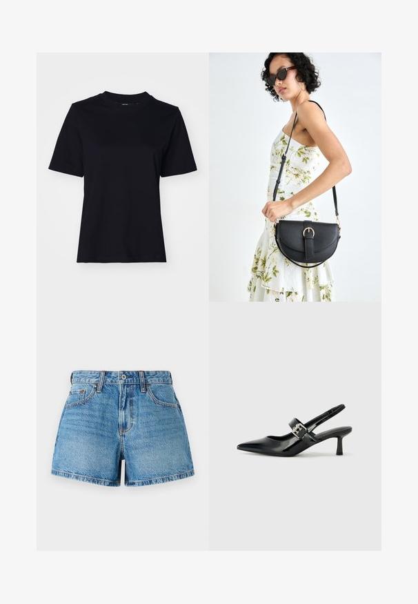 Černé bavlněné tričko s krátkým rukávem, kulatým výstřihem a volným střihem. Hladká textura, bez viditelných vzorů nebo grafik.; Džínové šortky ve světle modrém odstínu, s vysokým pasem, tradičním pěti-kapsovým designem a kontrastním stehem pro detailní texturu.; Černé lakované boty na podpatku typu slingback s špičatou špičkou a malým blokovým podpatkem, které mají na pásku stříbrný přezkový akcent.; Černá kožená kabelka s křivkovým tvarem, odnímatelným popruhem a zlatými detaily. Kabelka má klopu s přezkou.