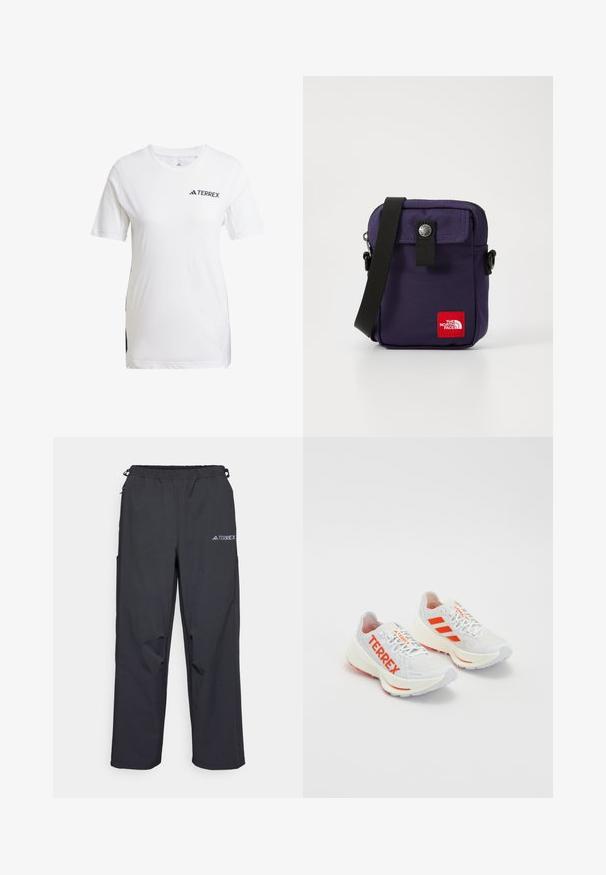 Valkoinen Terrex-urheiluvalkoinen kevyt materiaali, jossa on lyhyet hihat, verkkokangas-yksityiskohdat ja musta logo edessä.; Mustat, kevyet ulkoiluhousut, joissa on joustava vyötärö, sivutaskut ja logo oikeassa yläreunassa. Sujuva, vettä hylkivä kangas.; Valkoiset juoksukengät oransseilla yksityiskohdilla. Verkkomateriaali, pyöreä kärki ja paksu välikerros. "TERREX" painettuna sivupinnalle ja kolme raitaa kannassa.; Violetti nailoninen olkalaukku, jossa on etupuolella läppä, napitettava suljin, säädettävä musta hihna ja punainen logo-patch edessä.