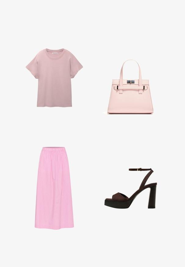Helles rosa T-Shirt mit kurzen Ärmeln aus glattem Baumwollstoff. Es hat einen runden Ausschnitt und eine lässige Passform mit einem geraden Saum.; Röcke mit pinken Streifen, elastischem Taillenbund, Midilänge und leichtem Stoff. Verfügt über vertikale weiße Streifen für einen klassischen Look.; Braune Wildleder-Pumps mit offenem Zeh, verstellbarem Knöchelriemen und gestreiftem Plateausohlen.; Rosa strukturierte Handtasche aus strukturiertem Leder mit zwei Obergriffen, einem Klappverschluss und kontrastierenden Metallelementen.