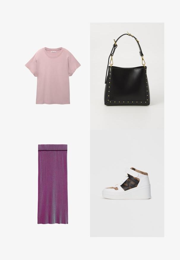 Lichtroze short-sleeve t-shirt van glad katoen. Heeft een ronde hals en een ontspannen pasvorm met een rechte afwerking aan de onderkant.; Knielange geplooide rok in verschillende tinten paars en blauw. Bevat een effen tailleband en een verticale streeppatroon.; Hoge sneaker met een witte plateauzool, beige en zwarte panelen met een patroonmonogram, witte veters en een witte klittenbandsluiting rondom de enkel.; Zwarte leren handtas met een gestructureerde vorm, voorzien van gouden studs langs de randen en een afneembare strap met gouden hardware-accenten.