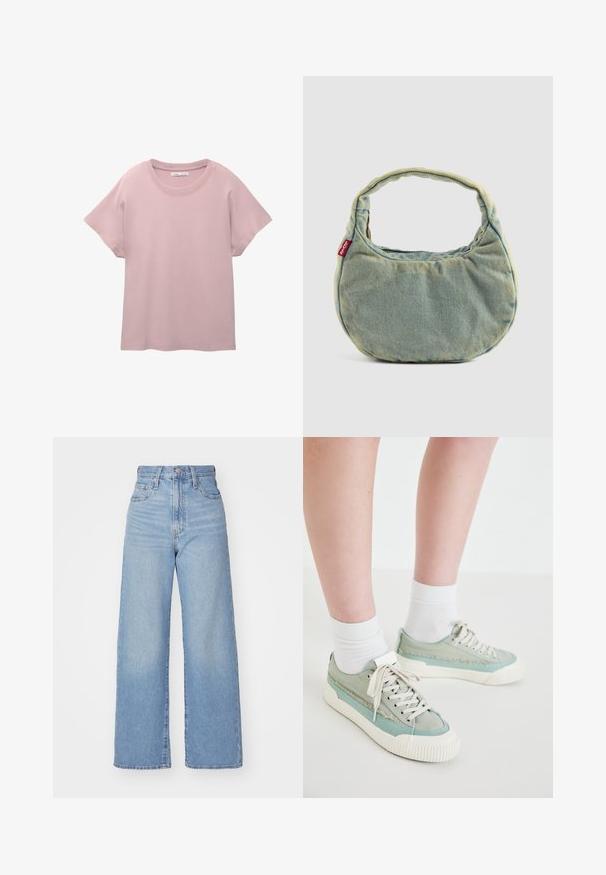 Jasnoróżowa koszulka z krótkim rękawem, wykonana z gładkiej bawełny. Posiada okrągły dekolt oraz luźny krój z prostym wykończeniem dołu.; Jasnoniebieskie jeansy z wysokim stanem i szerokimi nogawkami, z zapięciem na guziki i zamek z przodu, przednie i tylne kieszenie, na białym tle.; Jasnozielone sneakersy z teksturowanym szaro-brązowym akcentem, białymi sznurówkami i żeberkową, kości słoniowej podeszwą, noszone z białymi skarpetkami. Płaski, niski krój.; Jasnoniebieska torba z denimu z krótkim, miękkim uchwytem i małą czerwoną metką Levi's z boku, na jednolitym tle.