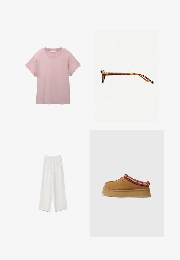 Světle růžové tričko s krátkým rukávem vyrobené z hladké bavlny. Má kulatý výstřih a uvolněný střih s rovně střiženým lemem.; Biele široké nohavice vyrobené z ľahkej tkaniny. Obsahujú elastický pás so sťahovacou šnúrkou a bočné vrecká. Hladká textúra.; Hnedá semišová obuv na slip-on s červeným a krémovým vzorovaným lemovaním, textúrovanou podrážkou a logom UGG na boku. Obsahuje mierne zvýšenú platformu.; Slnkové okuliare v korytnačkovom vzore s hrubým rámom, mierne zakrivenými stranami a hladkým povrchom. Majú klasický dizajn s lesklým povrchom.