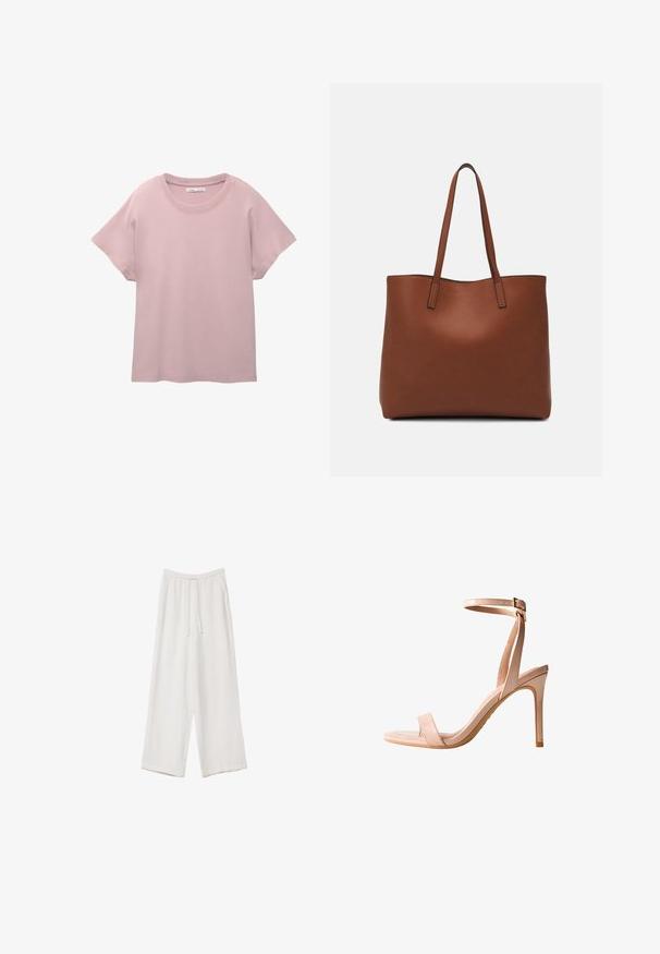 Jasnoróżowa koszulka z krótkim rękawem, wykonana z gładkiej bawełny. Posiada okrągły dekolt oraz luźny krój z prostym wykończeniem dołu.; Białe spodnie o szerokich nogawkach wykonane z lekkiego materiału. Posiadają elastyczny pas z sznurkiem i boczne kieszenie. Gładka tekstura.; Różowe sandały na wysokim obcasie o smukłym designie, z odkrytą palcą, cienkim paskiem na kostkę i gładkim, lakierowanym wykończeniu. Wyróżniają się smukłym obcasem w kształcie szpilki.; Brązowa skórzana torba tote o gładkiej fakturze, z otwartym wierzchem i dwoma ramiączkami. Charakteryzuje się minimalnym przeszyciem i brakiem widocznych elementów metalowych.