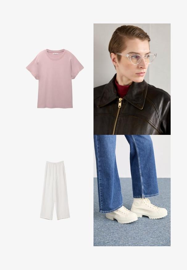 Svijetloružičasta kratkotrajna majica od glatkog pamuka. Ima okrugli izrez i opušteni kroj s ravnim rubom.; Bijele hlače širokih nogavica napravljene od lagane tkanine. Imaju elastičan pojas s ušicom i bočne džepove. Glatka tekstura.; Bijele visoke tenisice sa debelim, rebrastim đonovima i kružnim logom, nošene uz svijetloplave široke traperice.; Prozirne acetatne mačke naočale s žutim staklima, koje nosi osoba u tamnoj kožnoj jakni i crvenom dolčeviti. Glatka tekstura.