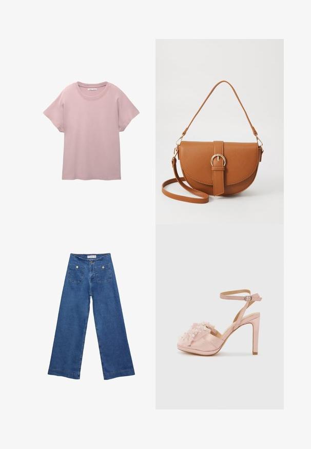 Vaaleanpunainen lyhythihainen t-paita, joka on valmistettu sileästä puuvillasta. Ominaisuuksiin kuuluu pyöreä kaula-aukko ja rento istuvuus, sekä suora helma.; Denim leveled-leg farkut keskisinisellä pesulla, kahdella etupussilla, joissa on nappisuljenta, ja ommelluilla yksityiskohdilla helmoissa.; Vaaleanpunaiset satiiniset korot sandaalit, joissa on kaskadijoustava yksityiskohta, joka on koristeltu keinotekoisillahelmillä. Kenkissä on nilkkaremmi ja avonainen varvasosa.; Ruskean nahkainen olkalaukku, jossa on kaareva muoto, kultaiset yksityiskohdat ja solkiyksityiskohta. Varustettu irrotettavalla olkahihnalla.