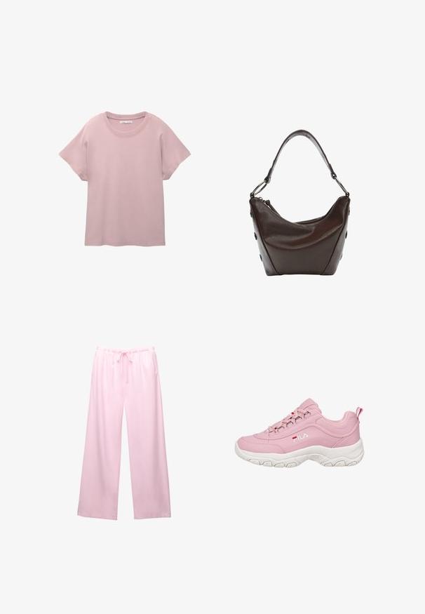 Tricou scurt cu mâneci scurte, de culoare roz deschis, realizat din bumbac neted. Dispune de un guler rotund și o croială lejeră, cu un tiv drept.; Pantaloni largi roz pal, realizati dintr-un material moale, avand un brâu elastic cu șnur pentru o ajustare ușoară.; Adidași roz cu un superior sintetic neted, talpă din cauciuc alb, design cu șireturi și logo-ul FILA pe lateral. Include o bandă de prindere la călcâi.; Geantă de mână din piele maro închis, cu o formă curbată, închidere cu fermoar și un mânere scurt. Include accesorii metalice și butoane decorative negre pe lateral.