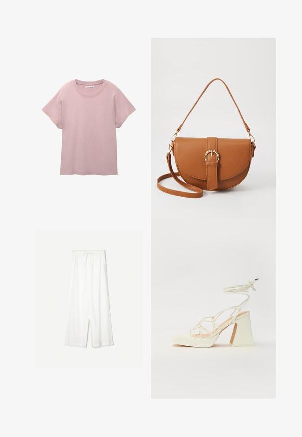 Lys rosa kortærmet t-shirt lavet af glat bomuld. Har en rund hals og en afslappet pasform med en lige skæring på kanten.; Hvide bukser med brede ben og snøre i taljen, vist imod en ensfarvet baggrund, som fremhæver deres afslappede stil og stoftekstur.; Hvide højhælede sandaler med en kraftig hæl, der har et stropdesign og ankelbinding. Glat tekstur med en platform foran for ekstra højde.; Brun læder crossbody taske med en buet form, guldfarvet hardware og en spændeaccent. Har en aftagelig skulderrem.