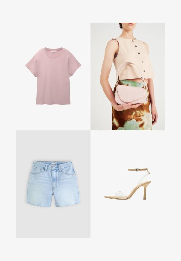 Svijetloružičasta kratkotrajna majica od glatkog pamuka. Ima okrugli izrez i opušteni kroj s ravnim rubom.; Svijetloplavi traper šorc s dizajnom od pet džepova, zatvaranjem na gumb i blago izblijeđenim rubom. Tkanina ima mekan, teksturiran izgled.; Sandal s prozirnim potplatom i prozirnim gornjim dijelom, bež uloškom i tankim remenom oko gležnja. Ima špicasti vrh i tanak visoki potplat.; Ružičasta kožna torba s zakrivljenim poklopcem, jednim remenom za rame i čistim linijama. Torba ima glatku teksturu i minimalistički dizajn.
